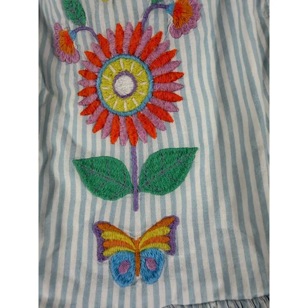 Mini Boden Embroidered Cross-Back Dress Blue Stripe Butterfly Floral 6-7 Years